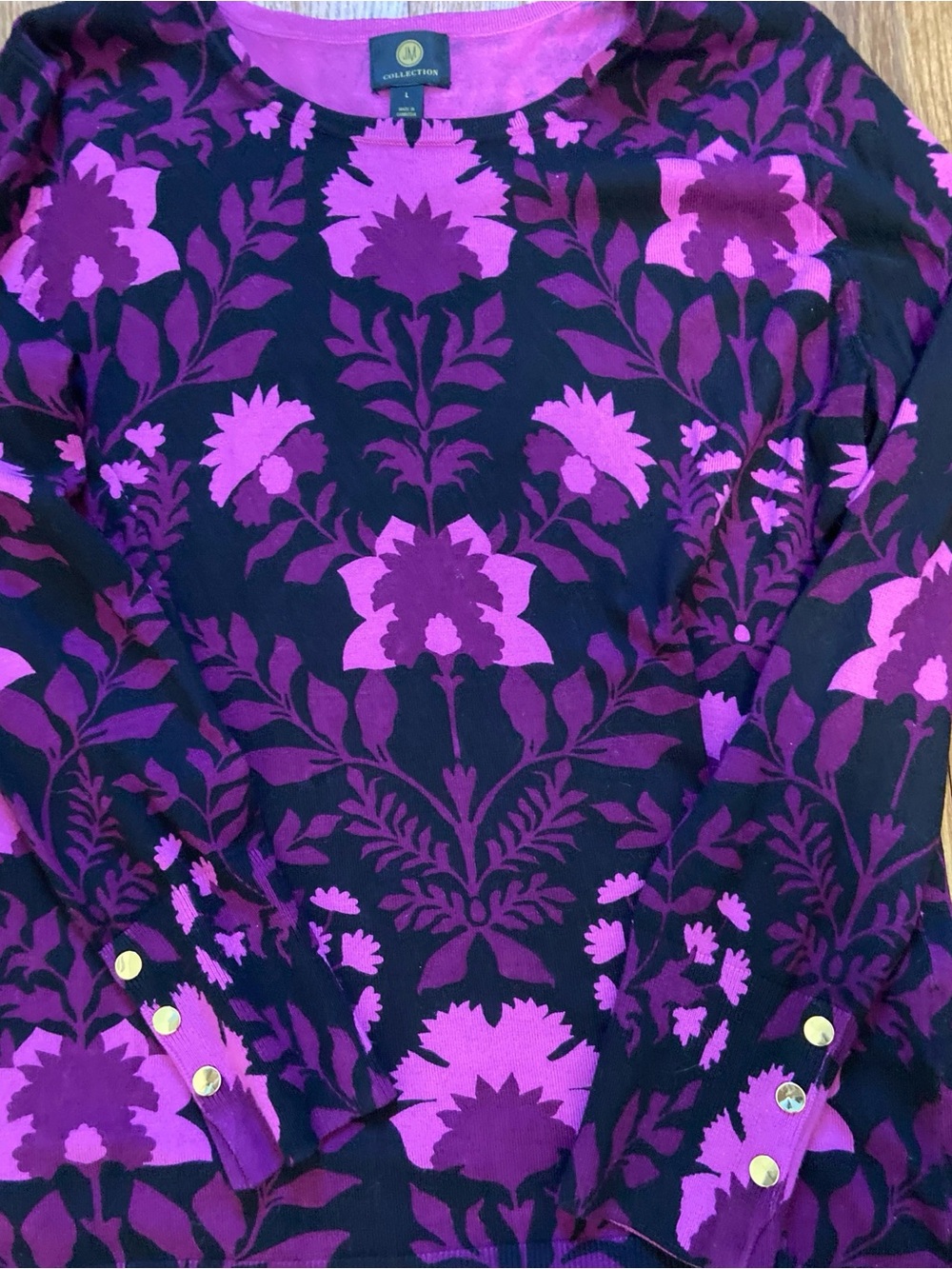 JM Collection Black Sweater with Bright Purple Floral Jacquard